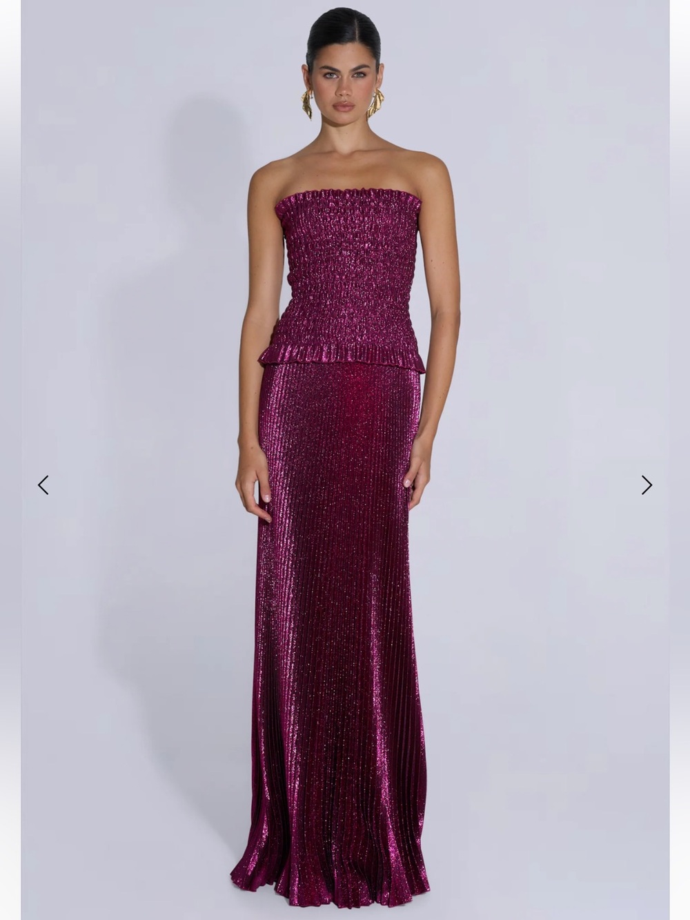 L'IDÉE Maya Strapless Pleated Maxi Gown in Sangria Glitter